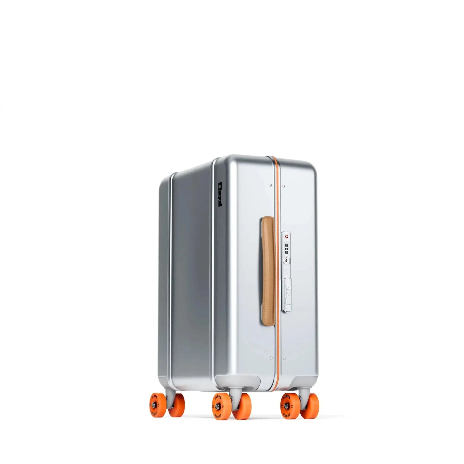 Three-quarter view of the Floyd Cabin Aluminum suitcase in Silverglider